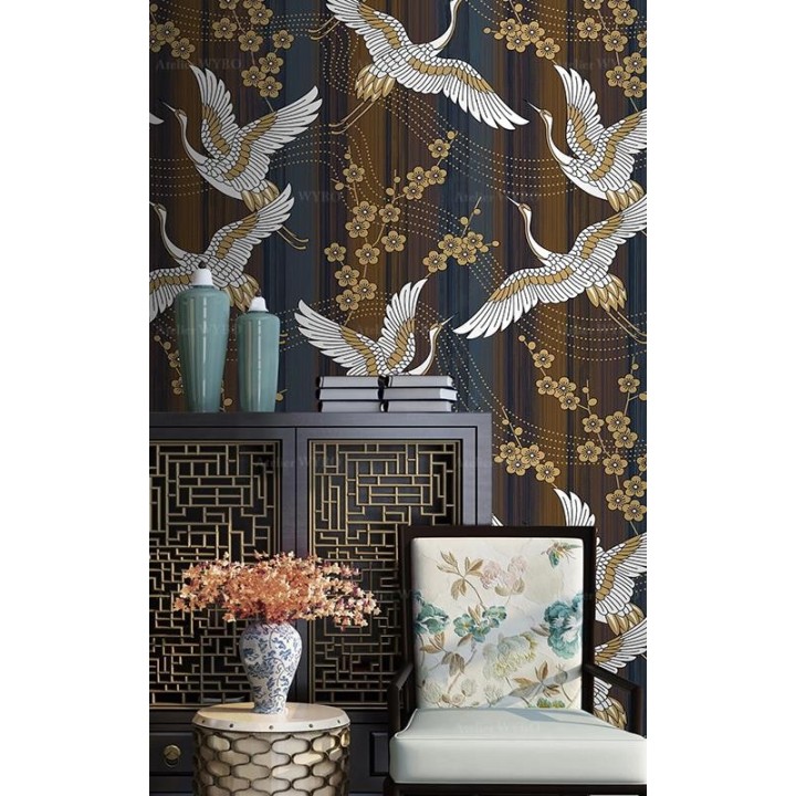 Panneau japonais style ancien ton marron - Grues du Japon et cerisiers