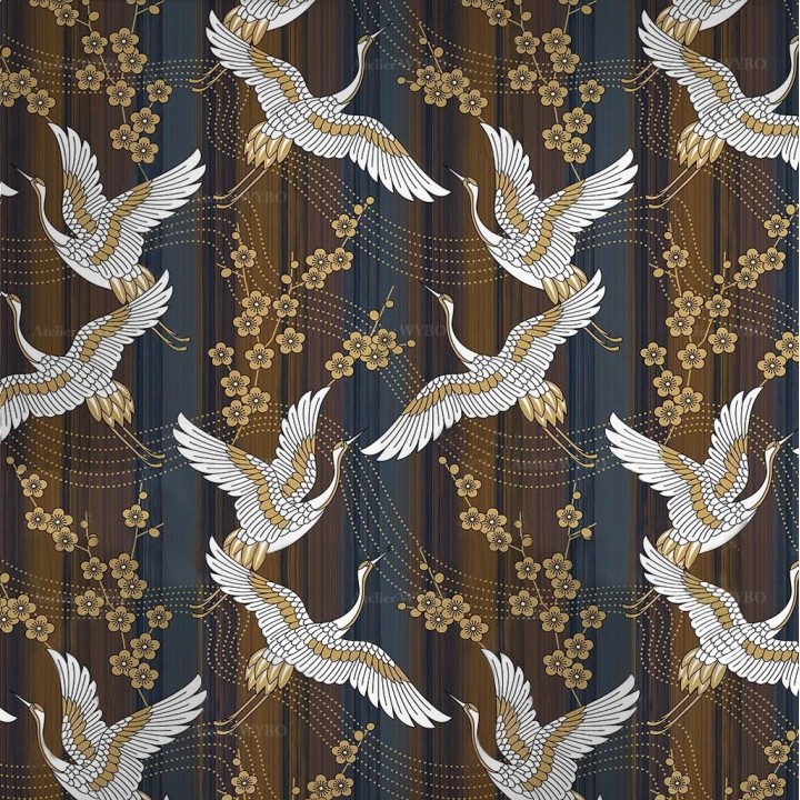 Panneau japonais style ancien ton marron - Grues du Japon et cerisiers