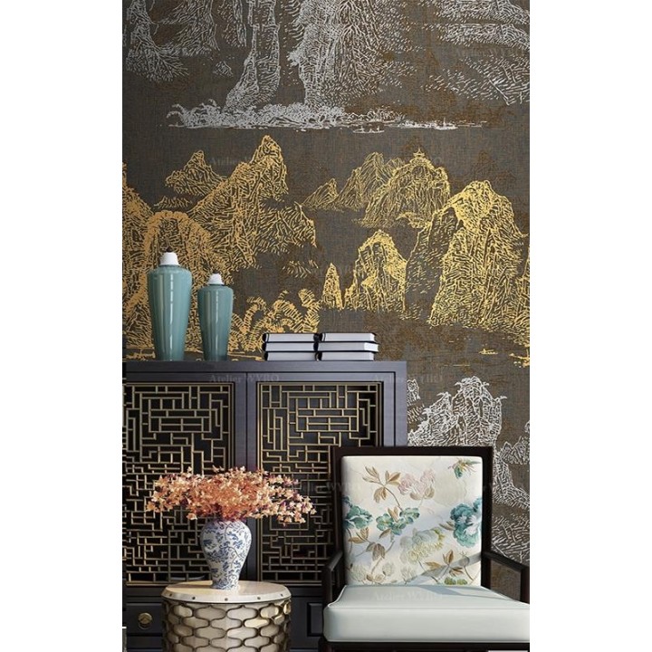 Panneau chinoiserie doré et argenté - Paysage de la montagne et rivière