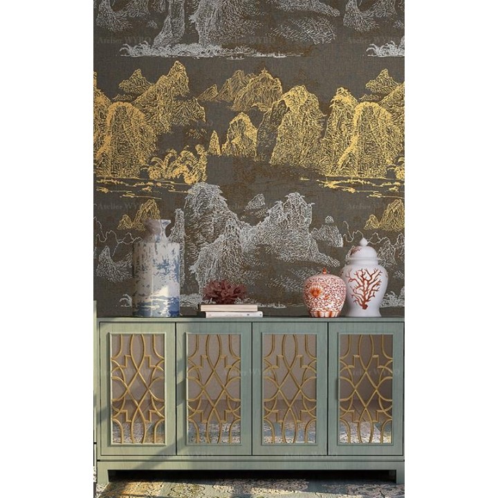 Panneau chinoiserie doré et argenté - Paysage de la montagne et rivière