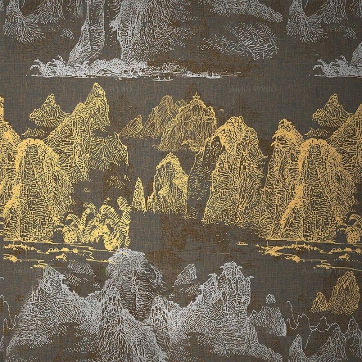 Panneau chinoiserie doré et argenté - Paysage de la montagne et rivière