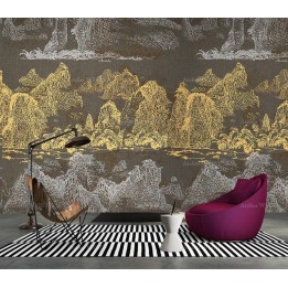 Panneau chinoiserie doré et argenté - Paysage de la montagne et rivière