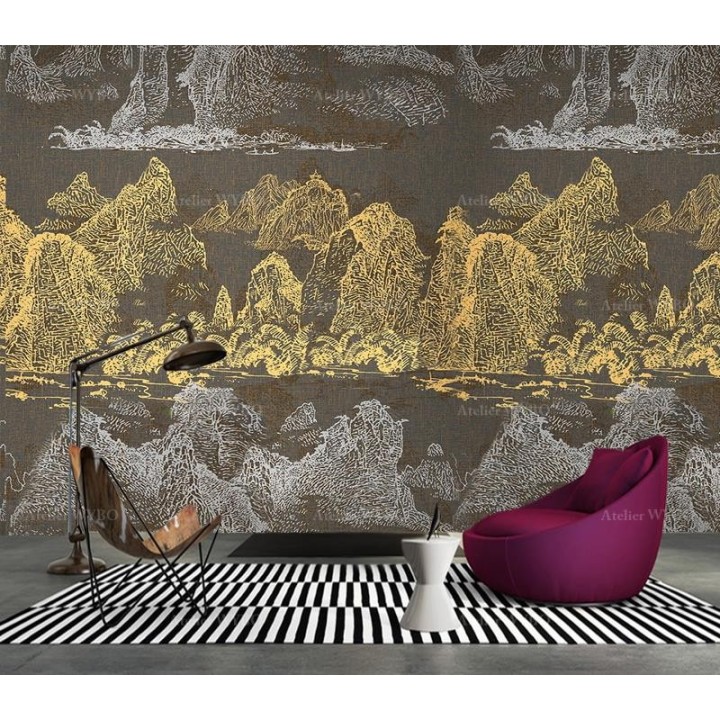 Panneau chinoiserie doré et argenté - Paysage de la montagne et rivière