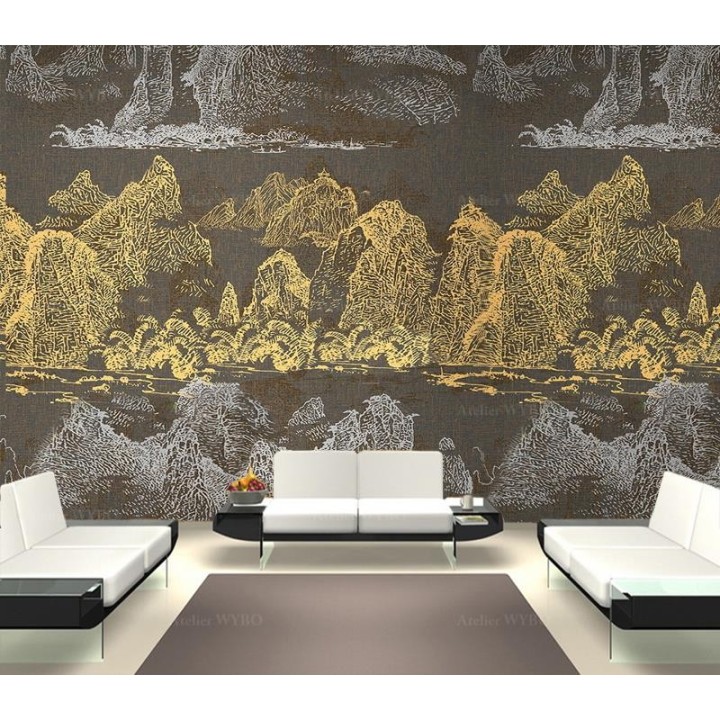 Panneau chinoiserie doré et argenté - Paysage de la montagne et rivière