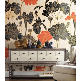 Papier peint floral style campagne effet sépia - Pivoine, dahlia, cosmos et iris
