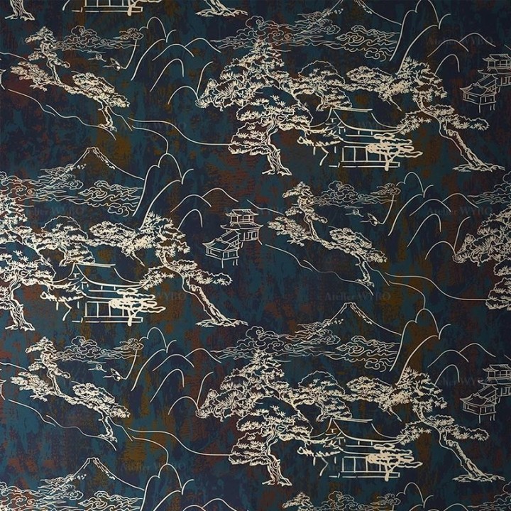 Fresque murale asiatique - Arbres et maisons traditionnelles dans la montagne