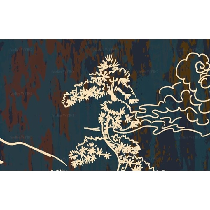 Fresque murale asiatique - Arbres et maisons traditionnelles dans la montagne