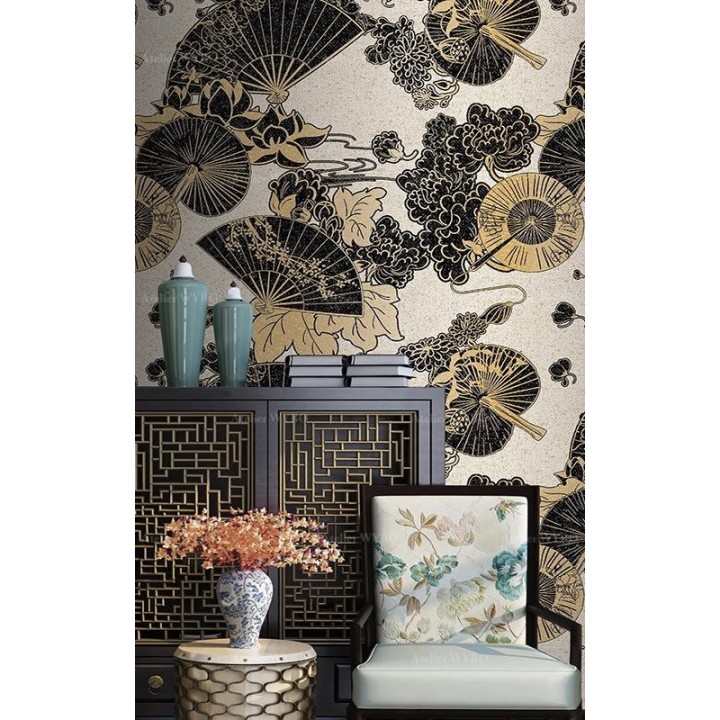 Papier peint traditionnel japonais aspect ancien - Eventail, ombrelle, lotus, pivoine et cerisier
