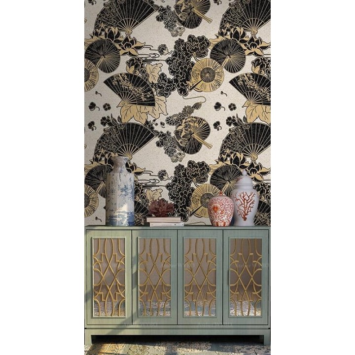 Papier peint traditionnel japonais aspect ancien - Eventail, ombrelle, lotus, pivoine et cerisier