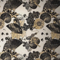 Papier peint traditionnel japonais aspect ancien - Eventail, ombrelle, lotus, pivoine et cerisier