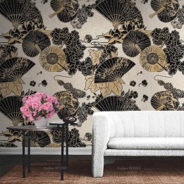Papier peint traditionnel japonais aspect ancien - Eventail, ombrelle, lotus, pivoine et cerisier