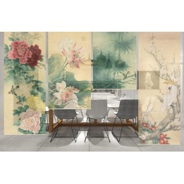Séparation légère séjour et salle à manger - Pivoine, lotus, aigrette, bambou, perroquet cacatoès