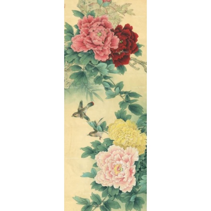 Séparation légère séjour et salle à manger - Pivoine, lotus, aigrette, bambou, perroquet cacatoès