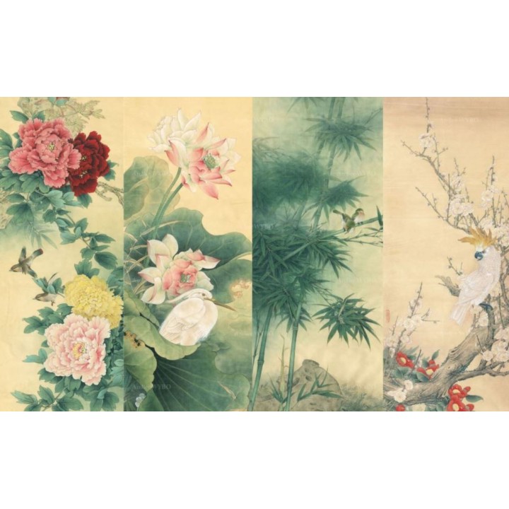Séparation légère séjour et salle à manger - Pivoine, lotus, aigrette, bambou, perroquet cacatoès