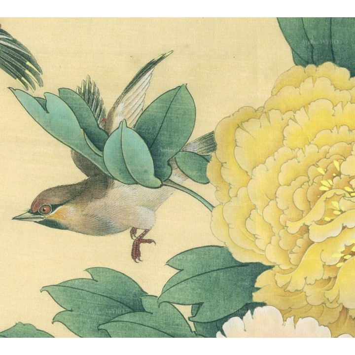 Séparation légère séjour et salle à manger - Pivoine, lotus, aigrette, bambou, perroquet cacatoès