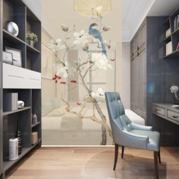 Décor zen séparation légère entrée, séjour, chambre - Magnolia blanc et oiseau bleu, fond beige