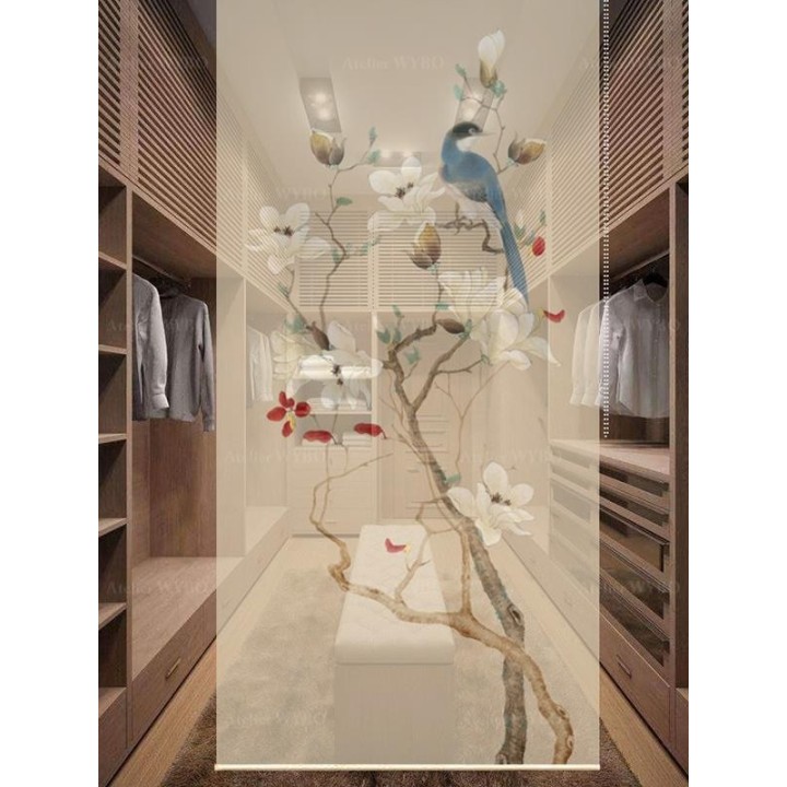 Décor zen séparation légère entrée, séjour, chambre - Magnolia blanc et oiseau bleu, fond beige