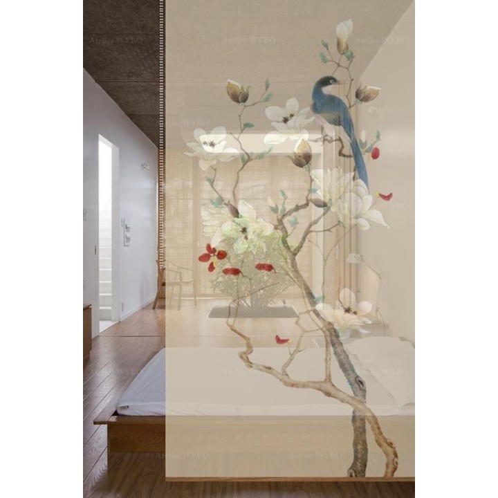 Décor zen séparation légère entrée, séjour, chambre - Magnolia blanc et oiseau bleu, fond beige
