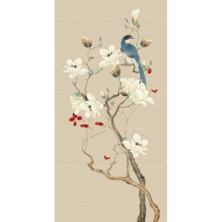 Décor zen séparation légère entrée, séjour, chambre - Magnolia blanc et oiseau bleu, fond beige