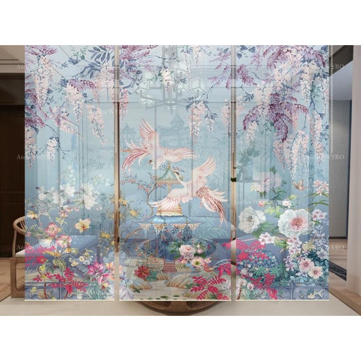 Cloison japonaise fleurs et oiseaux ton bleu - Couple de Phénix dans jardin exotique