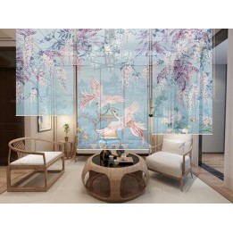 Cloison japonaise fleurs et oiseaux ton bleu - Couple de Phénix dans jardin exotique