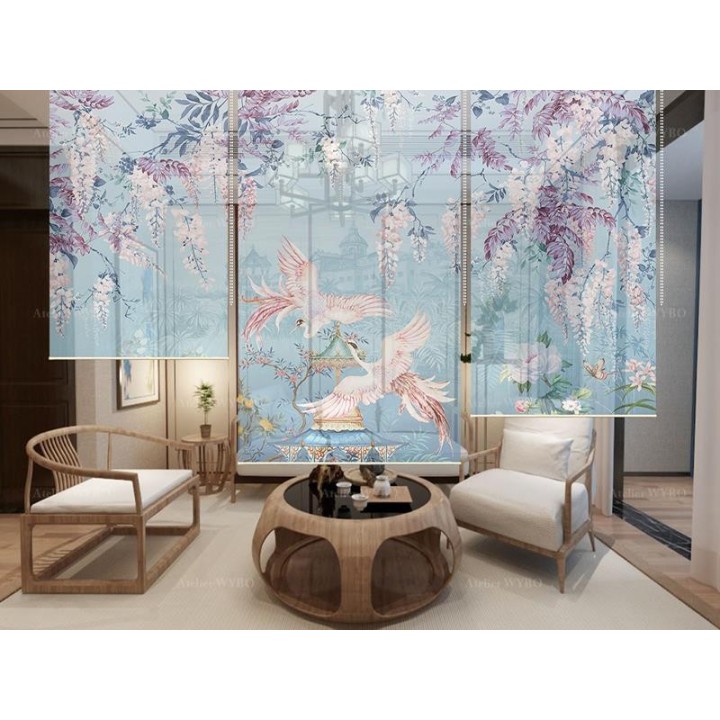 Cloison japonaise fleurs et oiseaux ton bleu - Couple de Phénix dans jardin exotique