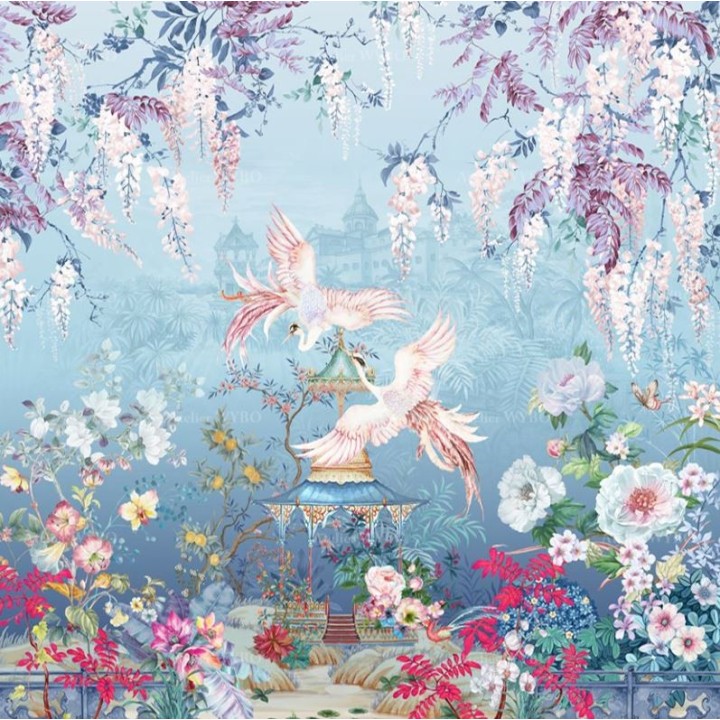 Cloison japonaise fleurs et oiseaux ton bleu - Couple de Phénix dans jardin exotique