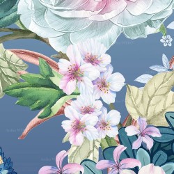 Cloison japonaise fleurs et oiseaux ton bleu - Couple de Phénix dans jardin exotique
