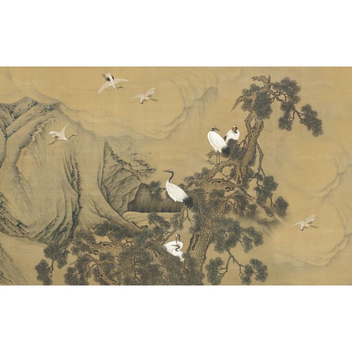 Cloison décorative amovible ton sépia - Grues du Japon dans la montagne nuageuse