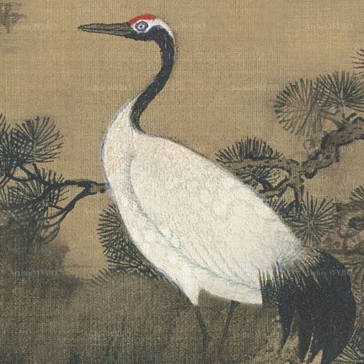 Cloison décorative amovible ton sépia - Grues du Japon dans la montagne nuageuse