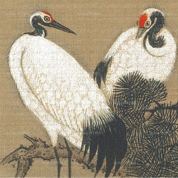 Cloison décorative amovible ton sépia - Grues du Japon dans la montagne nuageuse