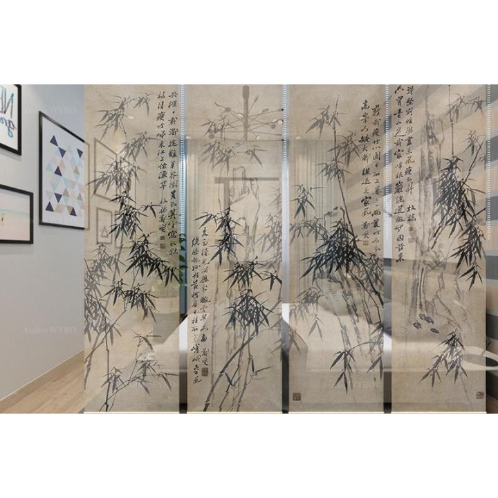 Paravent suspendu asiatique ton sépia - Les bambous et calligraphie chinoise