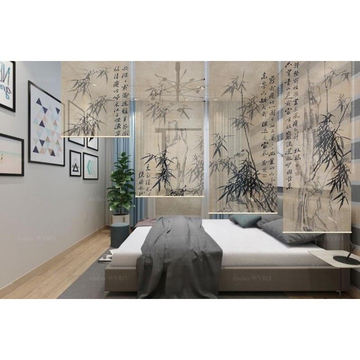 Paravent suspendu asiatique ton sépia - Les bambous et calligraphie chinoise