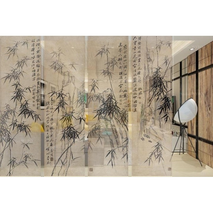 Paravent suspendu asiatique ton sépia - Les bambous et calligraphie chinoise