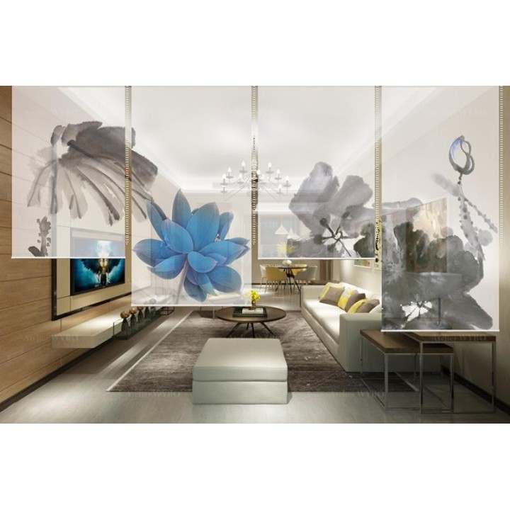 Rideau séparatif fleur zen - Lotus bleu et ses feuilles en noir et blanc