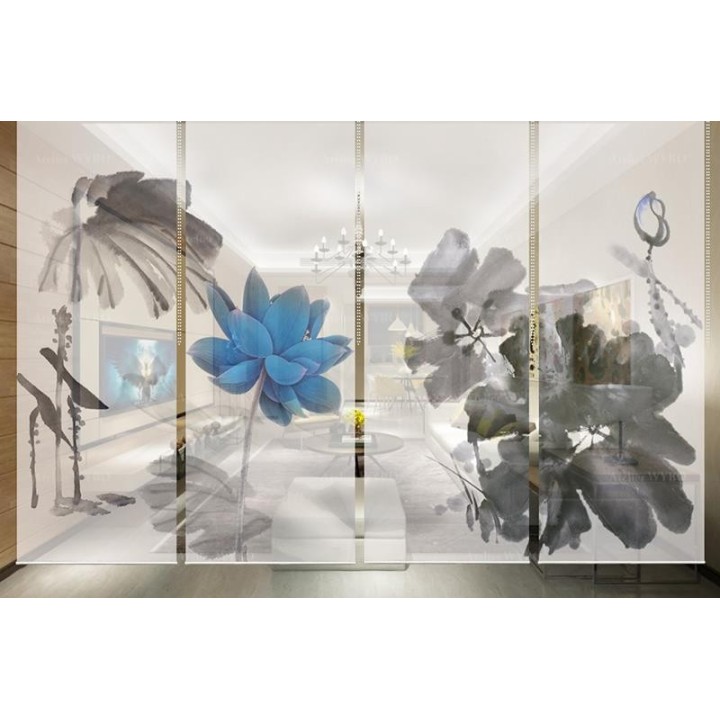 Rideau séparatif fleur zen - Lotus bleu et ses feuilles en noir et blanc
