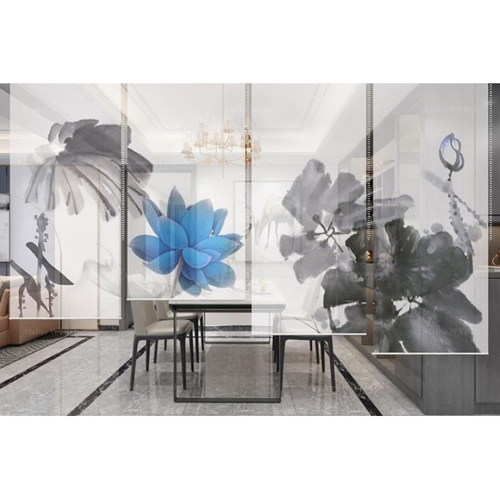 Rideau séparatif fleur zen - Lotus bleu et ses feuilles en noir et blanc