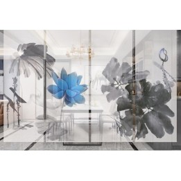 Rideau séparatif fleur zen - Lotus bleu et ses feuilles en noir et blanc
