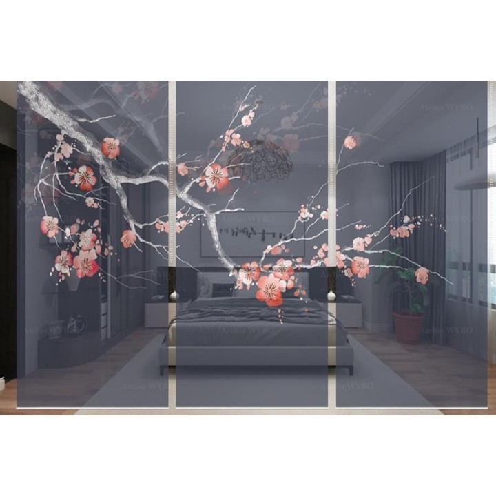 Cloison japonaise bleue foncée - L'arbre de mei en floraison