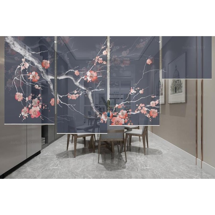 Cloison japonaise bleue foncée - L'arbre de mei en floraison