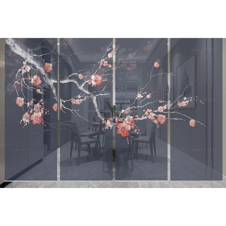 Cloison japonaise bleue foncée - L'arbre de mei en floraison