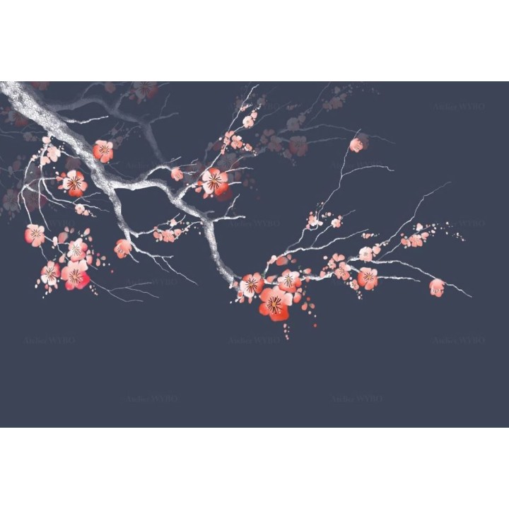 Cloison japonaise bleue foncée - L'arbre de mei en floraison