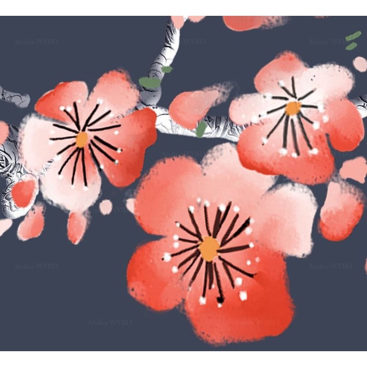 Cloison japonaise bleue foncée - L'arbre de mei en floraison