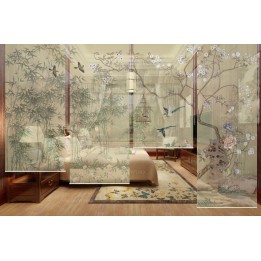 Cloison bambous fleurs et oiseaux, ambiance printanière