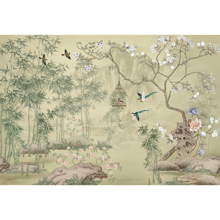 Cloison bambous fleurs et oiseaux, ambiance printanière