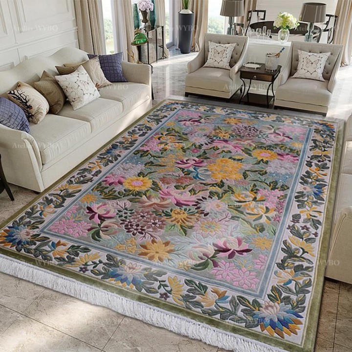 Tapis floral ton rose en soie naturelle salon chambre, velours en relief