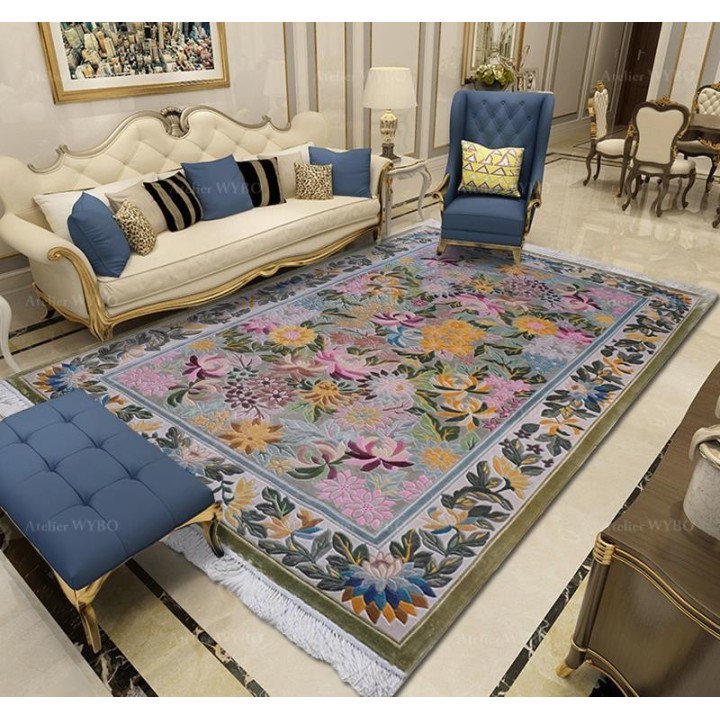 Tapis floral ton rose en soie naturelle salon chambre, velours en relief