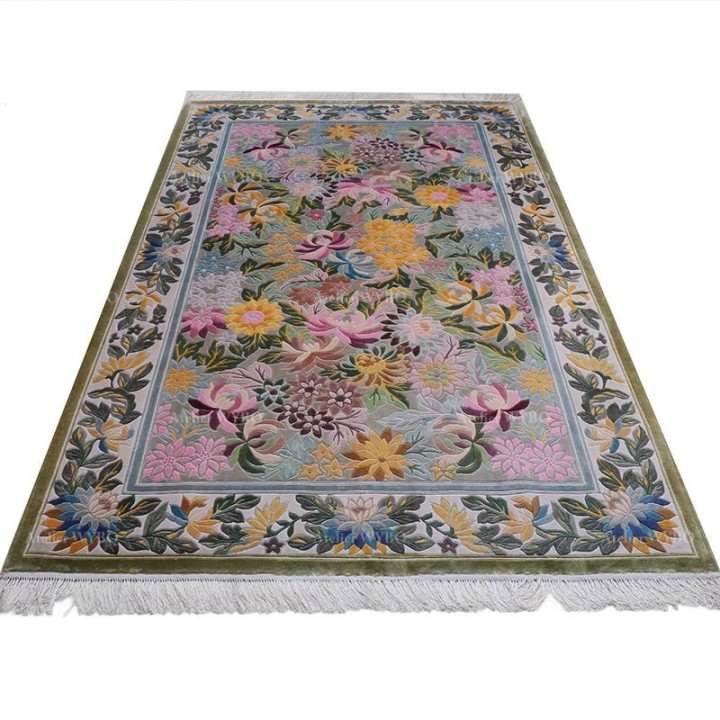 Tapis floral ton rose en soie naturelle salon chambre, velours en relief