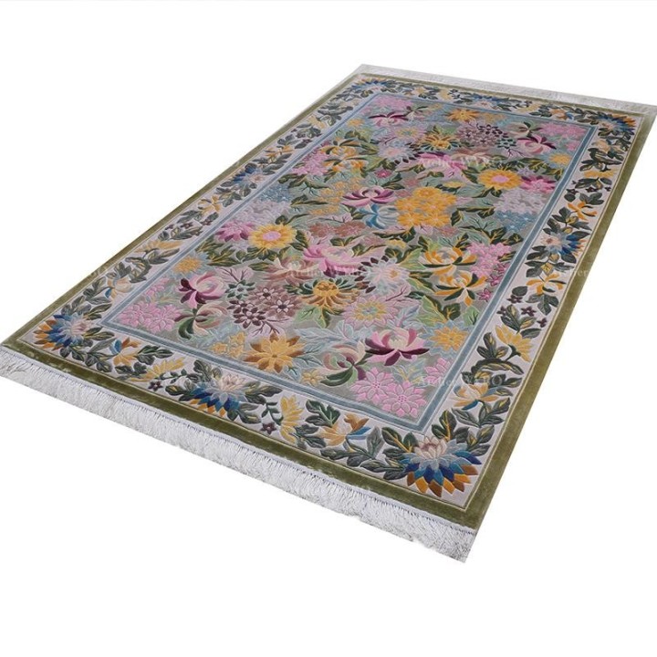 Tapis floral ton rose en soie naturelle salon chambre, velours en relief