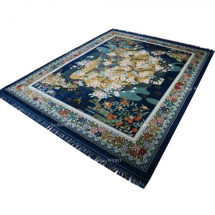Tapis japonais pure soie naturelle noé à la main - Les fleurs de cerisier sur fond bleu foncé